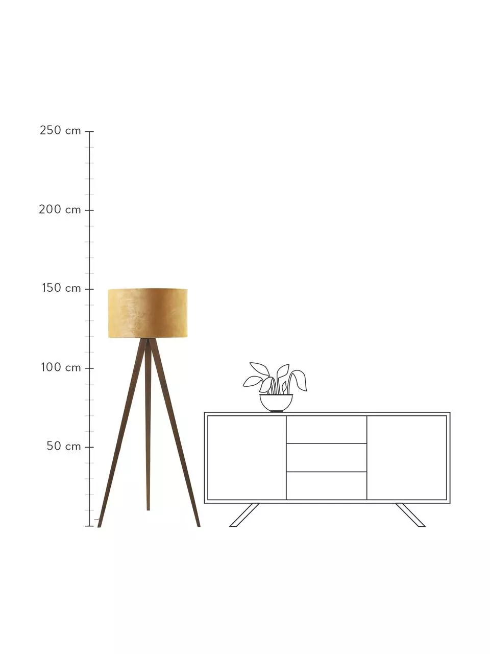 Westwing Collection Skandi-Tripod Stehlampe Jake aus Massivholz mit Samt-Schirm, Ø 60 cm, H 150 cm 4 Westwing Collection Skandi-Tripod Stehlampe Jake aus Massivholz mit Samt-Schirm, Ø 60 cm, H 150 cm – Bild 2